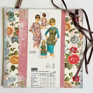 Vintage Sewing Pattern Mixed Media 12x12 Canvas Board Hanging Ribbon Collage